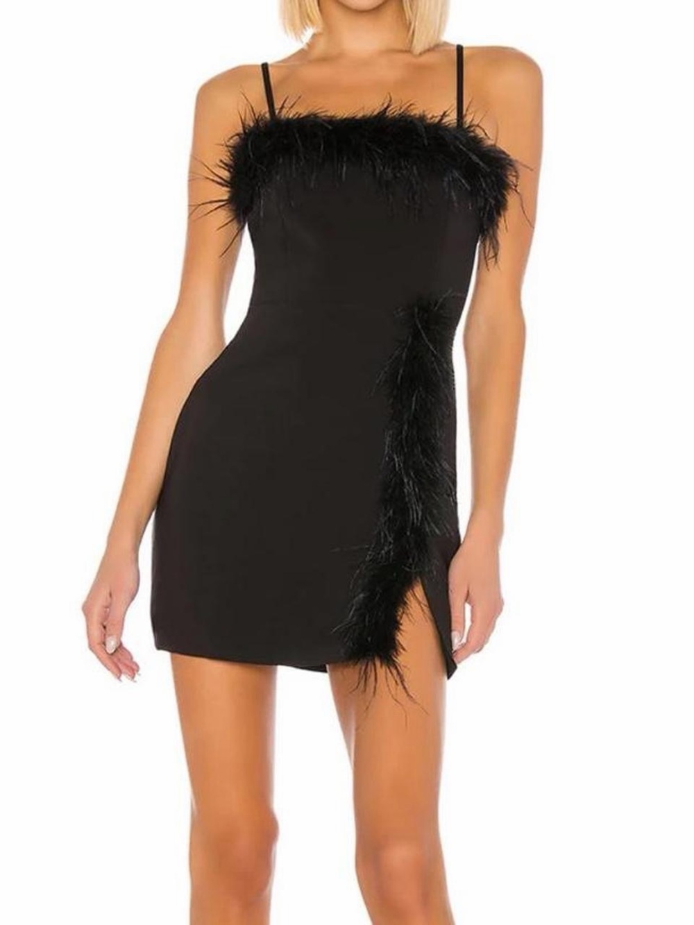 Camila Coelho Black Feather-Trim Spaghetti Strap Mini Dress